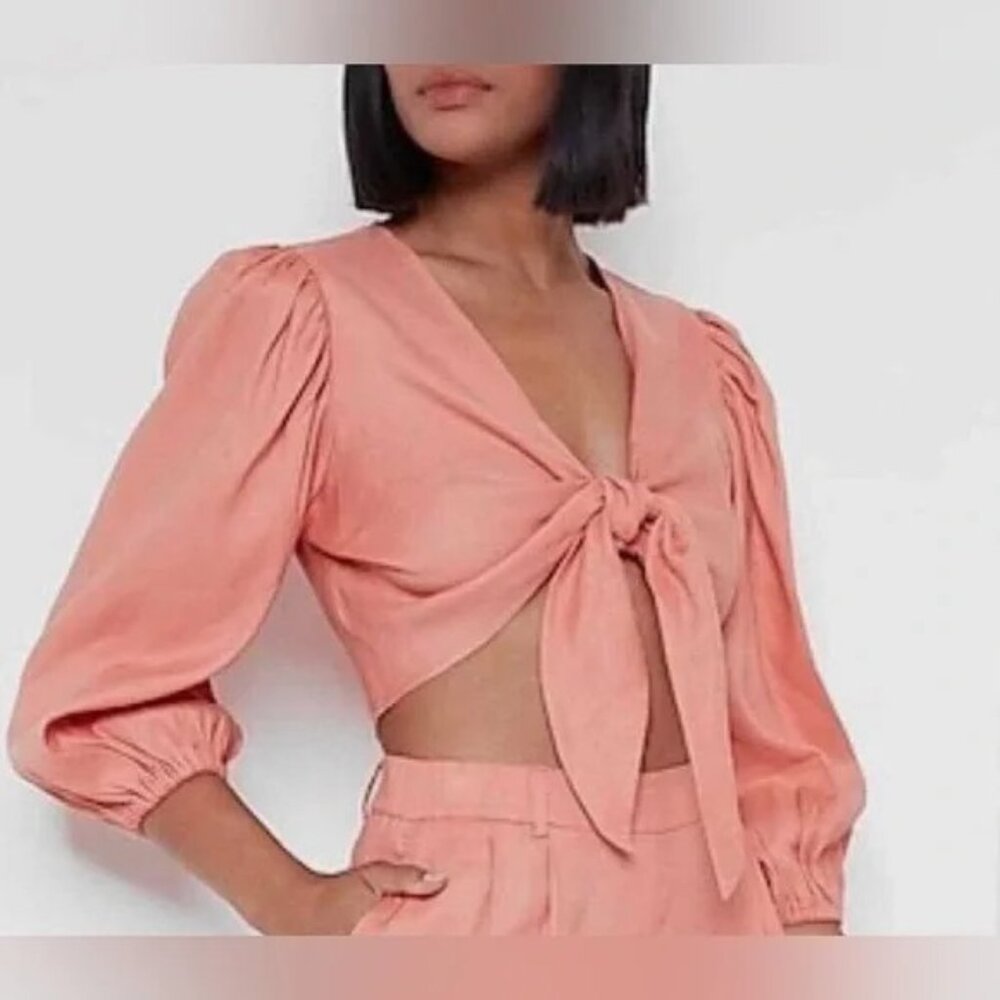 Express Linen Blend Tie Front Crop Top L